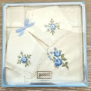 Set of 3 Vintage White Blue Flower Embroidery Handkerchiefs New in Box